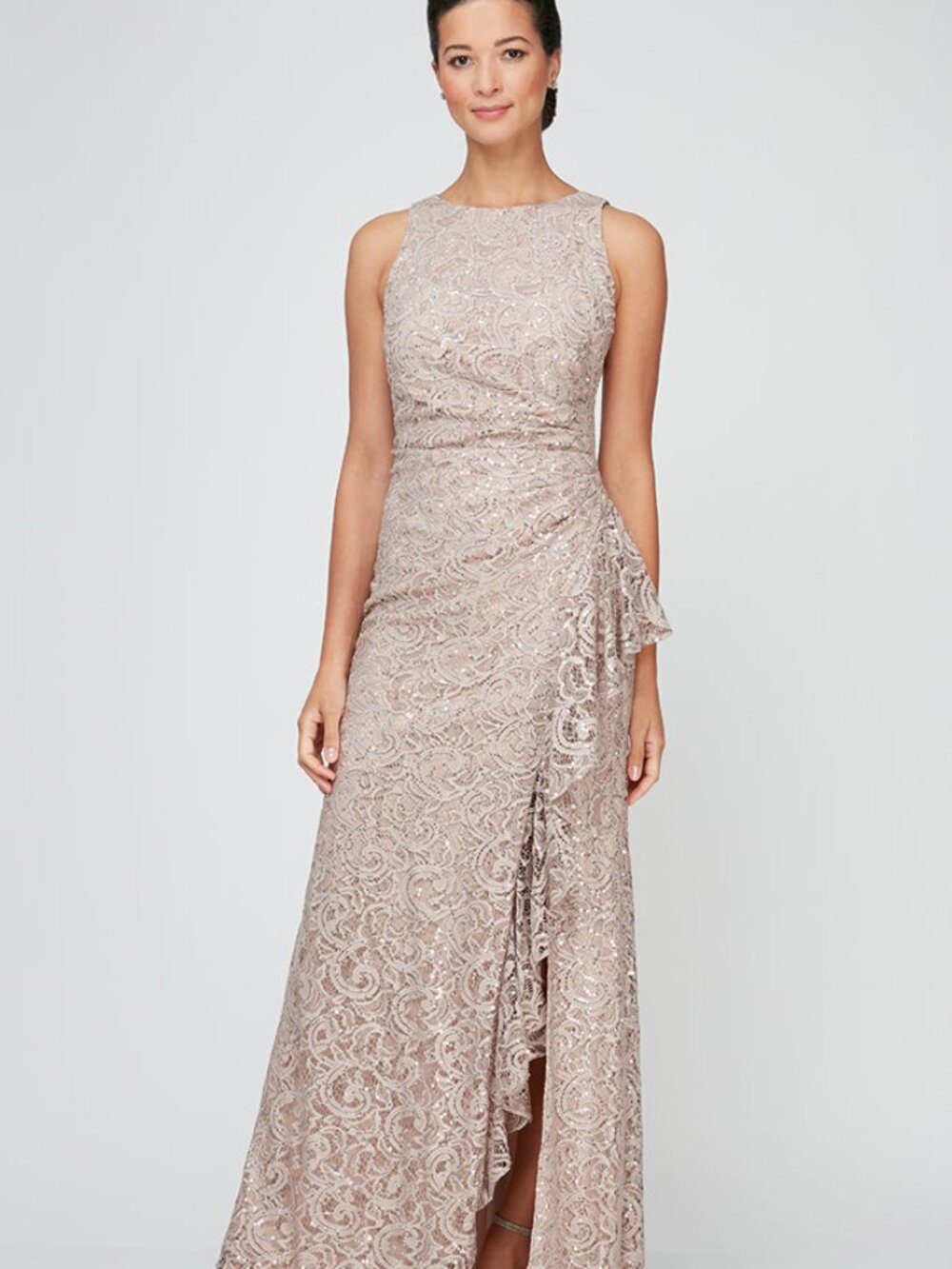 Alex Evenings Sequin Lace Cascading Ruffle Gown Buff